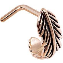 Load image into Gallery viewer, 18 Gauge 5/16'' Rose Gold PVD Feather Faux Hoop L Shaped Nose Ring