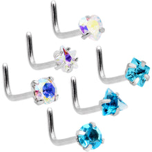 Load image into Gallery viewer, 20 Gauge 5/16'' Aurora Aqua Gem Variety L Shaped Nose Ring 6 Pack