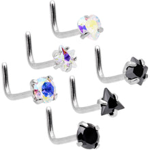Load image into Gallery viewer, 20 Gauge 5/16'' Aurora Black Gem Variety L Shaped Nose Ring 6 Pack